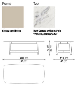 Alex TAL230L Table, 2300w x 1100d x 730h mm, Top Matt Carrara White Marble 0890M, Frame Glossy Sand Beige 1344L