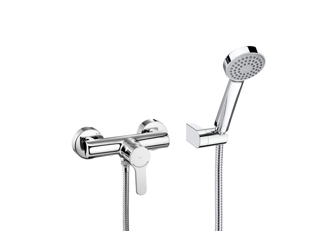 L20 wall-mounted shower mixer in chrome with 1.50 m flexible shower hose, handshower and swivel wall bracket
