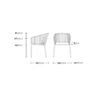Bitta Chair in Snow Bird Bela Ropes 434 Frame, Juniper Aluminum 092 Legs, Shade Green Geometrics 151 Back and Dry Sand laminate 285 seat