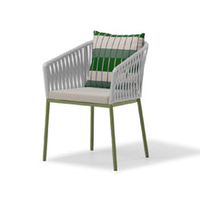 Load image into Gallery viewer, Bitta Chair in Snow Bird Bela Ropes 434 Frame, Juniper Aluminum 092 Legs, Shade Green Geometrics 151 Back and Dry Sand laminate 285 seat
