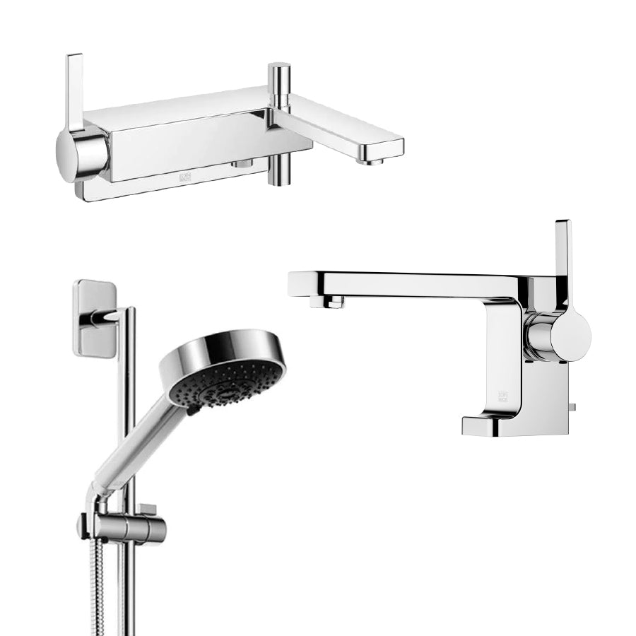LULU 33233710-00 Wall-mounted Exposed Single-lever Bath Mixer, 26403710-00 Handshower Set & 33500710-00 basin mixer in Polished Chrome