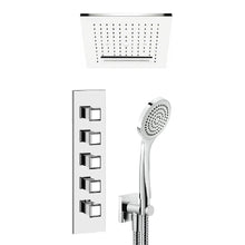 Load image into Gallery viewer, Colour 32848.238 Overhead Shower ceiling/suspended version with rain/waterfall/spary functions, 59123.031 Rilievo shower set in chrome, Basin Mixer in Chrome
