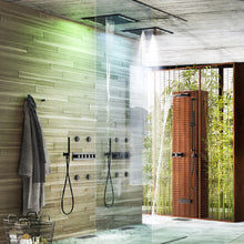 Load image into Gallery viewer, 57927.238 Colour multifunction system 500 x 500 mm in mirror steel with rainfall, waterfall and mist function, 46210.706 Thermostatic Mixer with Five Separate Exits, Lateral body jetsx2, hand shower set in Black Metal PVD
