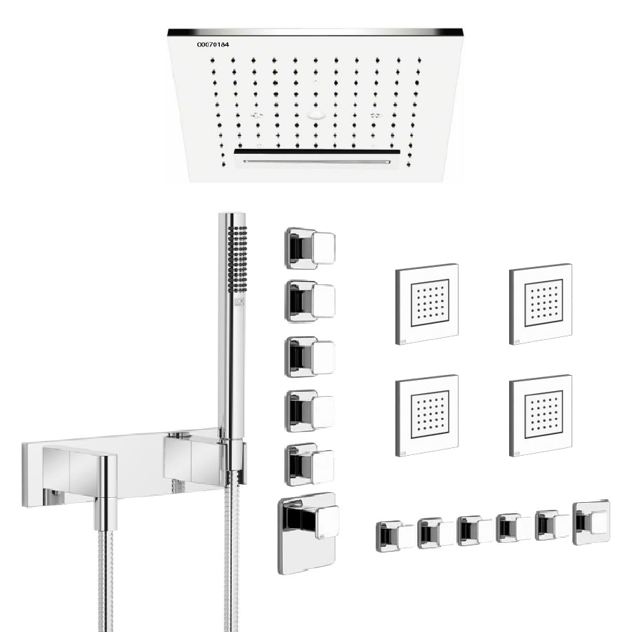 32948.238 Ceiling/suspended ceiling version with RAIN/WATERFALL/SPRAY functions in Steel Mirror, 41510.031_43109.031 Thermostatic Mixer with 5 Separate Exits, Lateral body jetsx4, 27818979-00 hand shower set in Chrome