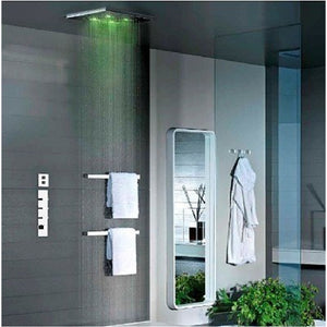 32948.238 Ceiling/suspended ceiling version with RAIN/WATERFALL/SPRAY functions in Steel Mirror, 41510.031_43109.031 Thermostatic Mixer with 5 Separate Exits, Lateral body jetsx4, 27818979-00 hand shower set in Chrome