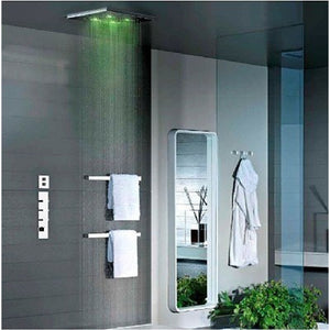 32948.238 Ceiling/suspended ceiling version with RAIN/WATERFALL/SPRAY functions in Steel Mirror, 35079.031 Thermostatic Mixer with 4 Separate Exits, 27818979-00 hand shower set in Chrome