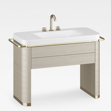 Load image into Gallery viewer, Baia A851368429 wood base furniture 1222 x 520 x 850 mm in greige oak-veneered, greige lateral towel rails, off-white counter top washbasin with 3 tap-holes, A5A3676VC0 3 holes basin mixer in greige
