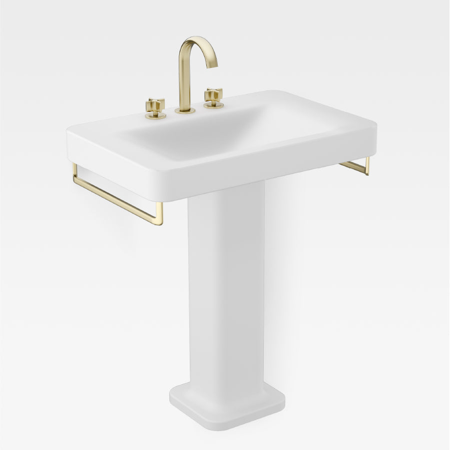 Baia A5A3676VC0 deck mounted 3 holes basin mixer & A816447040 towel rail in greige, A3270C8913 washbasin with 3 tapholes & A3370C0910 full pedestal in off-white