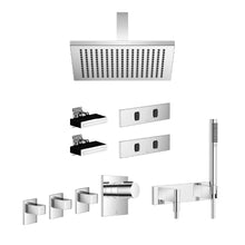 Load image into Gallery viewer, 36.416.780.00 3-way thermostat mixer with concealed part and 3 Wall Valve, 2x 36513979-00 WATER FAN + concealed part,  27818979-00 Handshower Set in Chrome  &amp; 28.775.980.04 ceiling shower in brushed chrome
