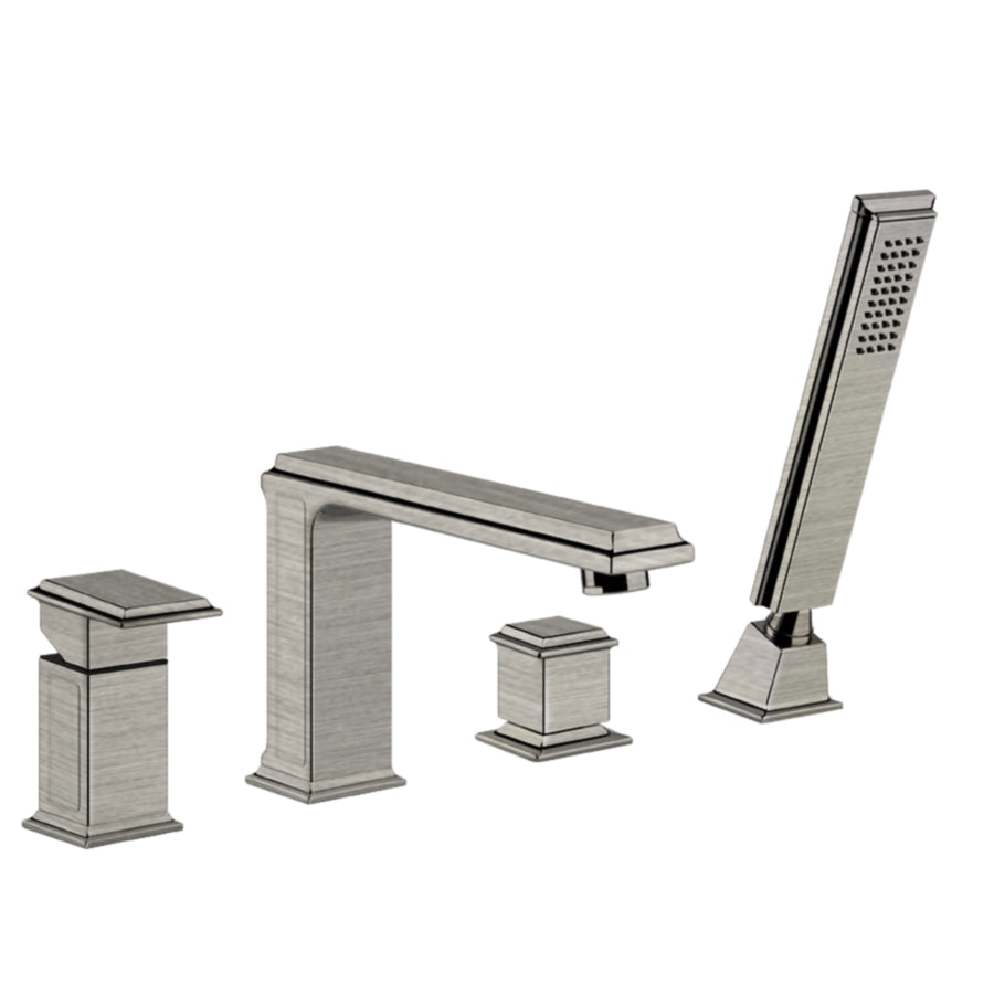 Eleganza 46037.149 4-Hole Bath Mixer in Finox with Handshower, Spout and Diverter