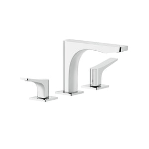 Three-hole basin mixer in chrome with spout, flexible hoses with 3/8" connections, without waste