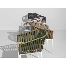 Load image into Gallery viewer, Bitta Chair in Snow Bird Bela Ropes 434 Frame, Juniper Aluminum 092 Legs, Shade Green Geometrics 151 Back and Dry Sand laminate 285 seat
