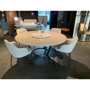 Astrum LXA11G Round table Dia. 1650 x 760 mm finish in sand beige glossy with graphite painted frame with  Astrum LXA7V swivel tray Dia. 650 mm in glossy calacatta white marble