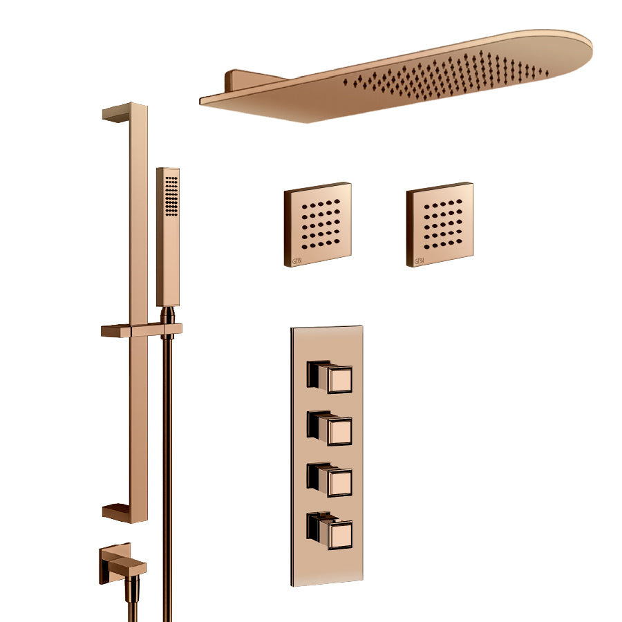 3-way control with wall mounted head shower, hand shower set and two pieces Rettangolo lateral shower head