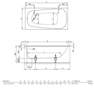 3710 Betteform Enamelled Press Steel Non-Apron Bathtub with Antislip and Anti-Noise [鋼板浴缸]1700 x 750mm